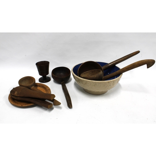 436 - Antique kitchenalia, including a pottery mixing bowl, 30 x 12cm, three large wooden ladles, fruit pr... 