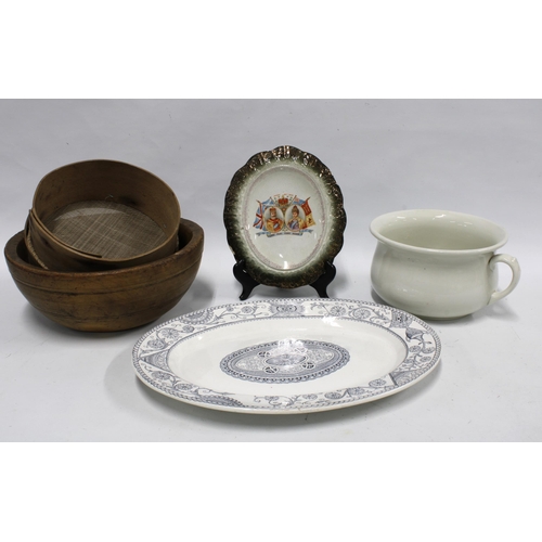 437 - Mixed lot to include an ashet, white glazed chamber pot, wooden bowl, memorial stand and a strainer,... 