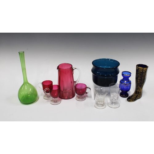 439 - Various glass, including a blue bowl 11cm, a cranberry glass jug and glasses, a gilt blue boot vase,... 