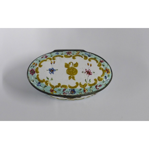 474 - Staffordshire enamel patch box, oval form with with floral spray decoration,9cm