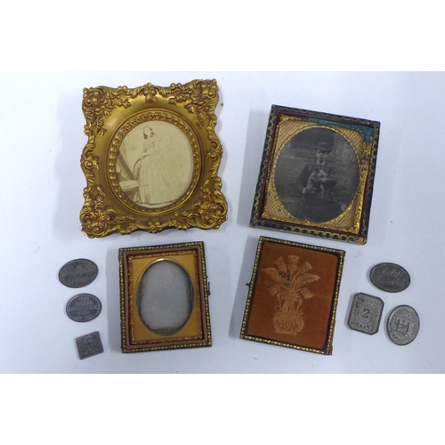 478 - Victorian daguerreotype, gilt framed print and Scottish pewter church tokens