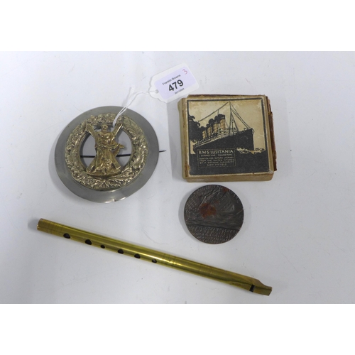 479 - Scottish plaid brooch, RMS Lusitania medal with original box and a brass penny whistle (3)