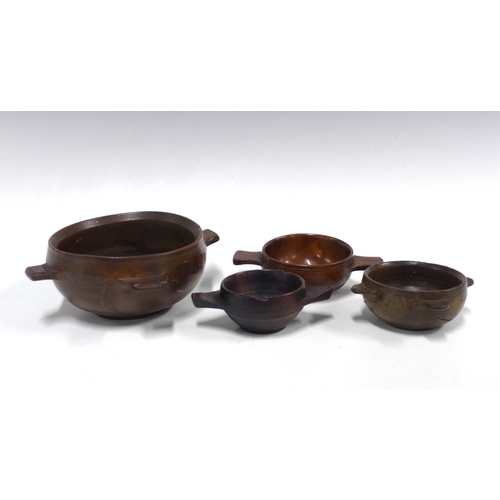 481 - Two treen quaich and two treen bowls with fug lug handles, largest 18cm (4)