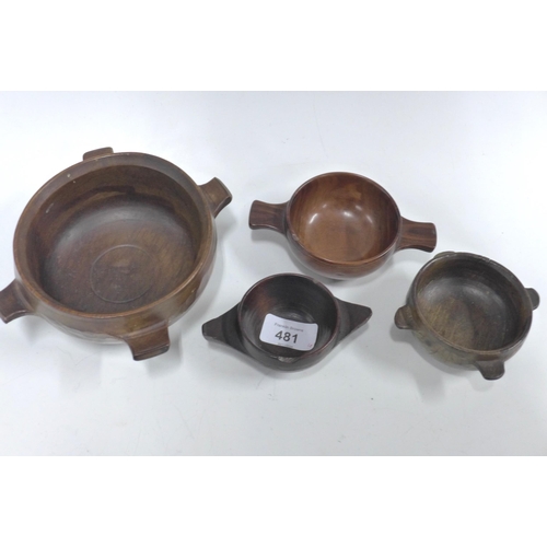 481 - Two treen quaich and two treen bowls with fug lug handles, largest 18cm (4)