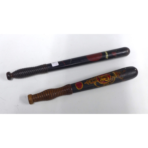 483 - Two 19th century police truncheons to include one with VR insignia, longest 43cm  (2)