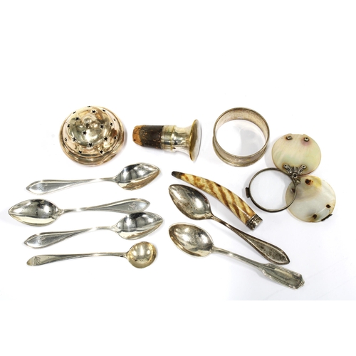 58 - Mixed lot to include a small horn snuff mull with white metal top, Birmingham silver napkin ring, si... 