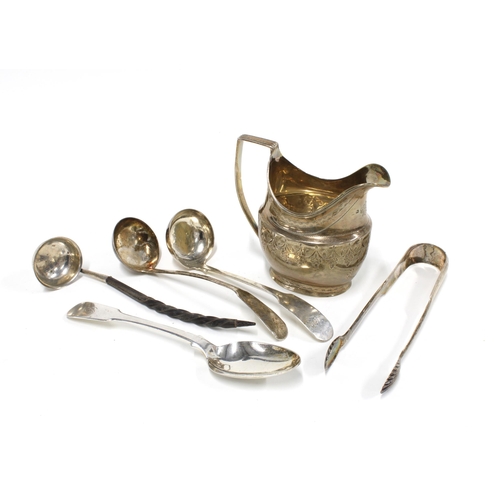 60 - Georgian silver cream jug, two Georgian silver sauce ladles, Georgian silver sugar tongs, A Victoria... 