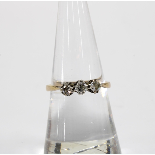 62 - Early 20th century three stone diamond ring, set in unmarked yellow metal, size N