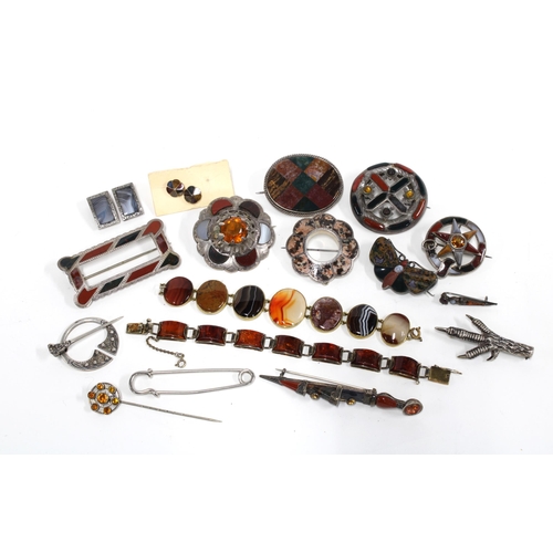 66 - A collection of Scottish coloured hardstone jewellery to include earrings, brooches, bracelets and c... 