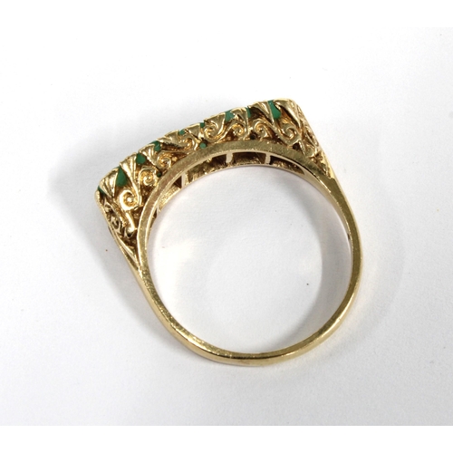 69 - 9ct gold five stone graduating emerald ring,  London 1980, size T1/2