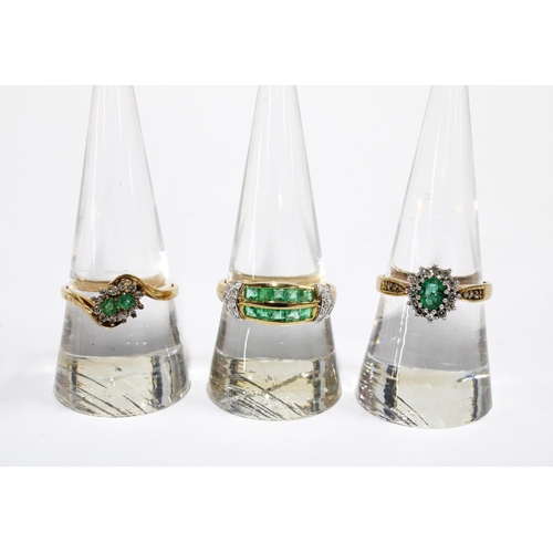 9 - Three 9ct gold emerald and diamond rings, (3)