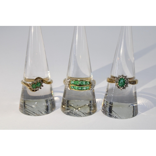 9 - Three 9ct gold emerald and diamond rings, (3)