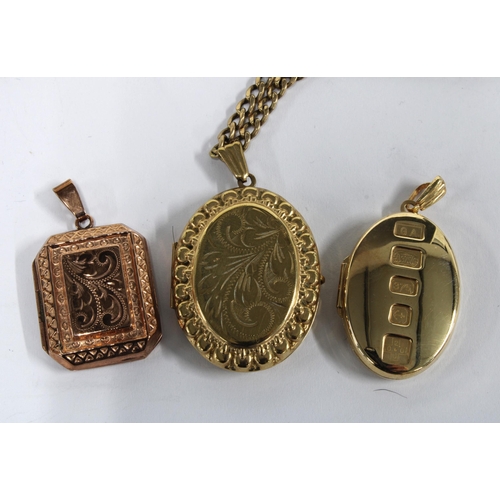 90 - 9ct gold chain  hung with a 9ct gold engraved locket, 9ct gold millenium hallmark locket and a 9ct r... 