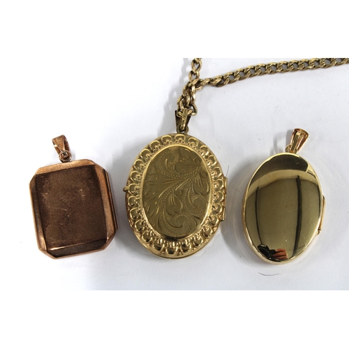 90 - 9ct gold chain  hung with a 9ct gold engraved locket, 9ct gold millenium hallmark locket and a 9ct r... 