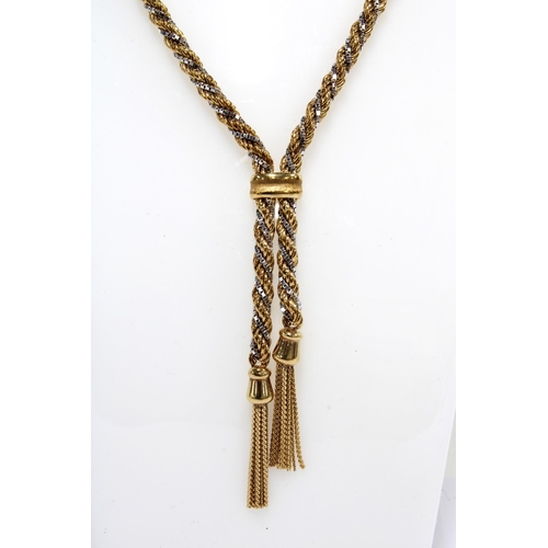 92 - 9ct gold rope twist necklace with two tassels, stamped 375