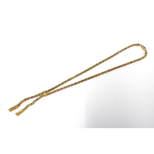 92 - 9ct gold rope twist necklace with two tassels, stamped 375