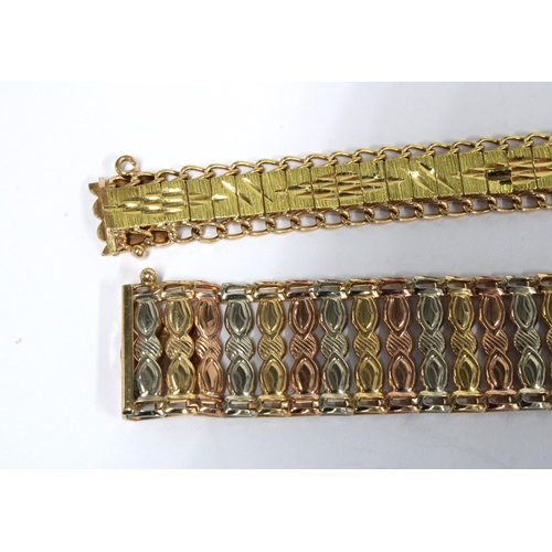 93 - 9ct gold tri-colour bracelet, stamped 375, together with a yellow metal bracelet with textured links... 