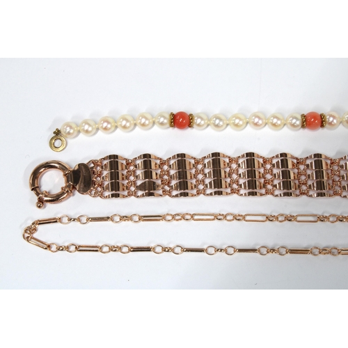 98 - 9ct rose gold necklace, 9ct rose gold bracelet and a pearl and coral bead bracelet with a 9ct gold f... 