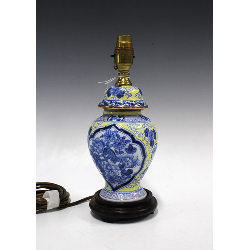 489 - Small Chinese blue and white table lamp with yellow flowers,  28cm