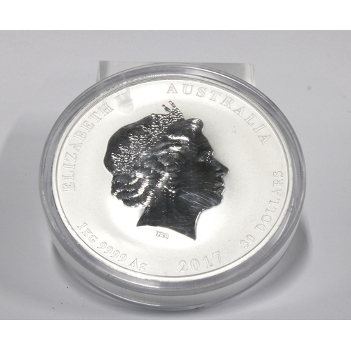 59B - A 2017 Australian $30 1kg 9999 grade silver 'coin', Year of the Rooster, encapsulated. Approx 10cm d... 