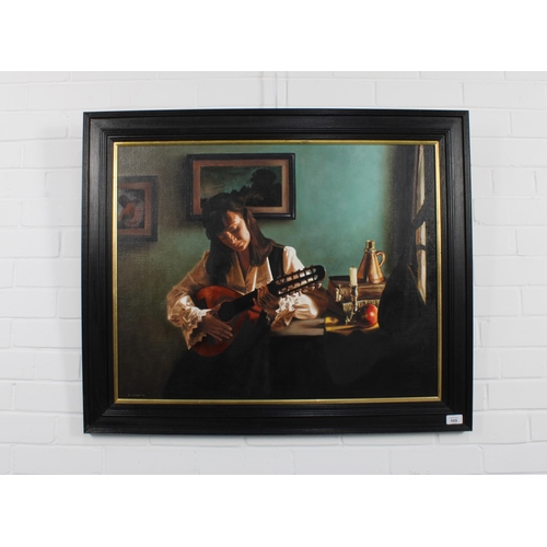 105 - SCOTT WAUGH (SCOTTISH CONTEMPORARY), INTERIOR WITH WOMAN PLAYING A TREBLE LUTE, oil on board, signed... 