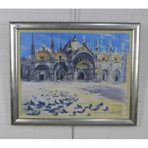 120 - AVRIL JAQUES, D.A (SCOTTTISH), ST MARKS SQUARE, VENICE, signed oil on board, framed under glass, 61 ... 