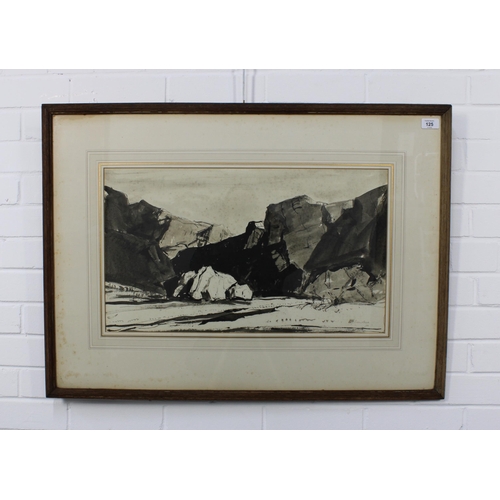 125 - DAVID YOUNG CAMERON (SCOTTISH 1865-1945), THE ROCKS OF DURNESS, ink and wash on paper, signed, frame... 