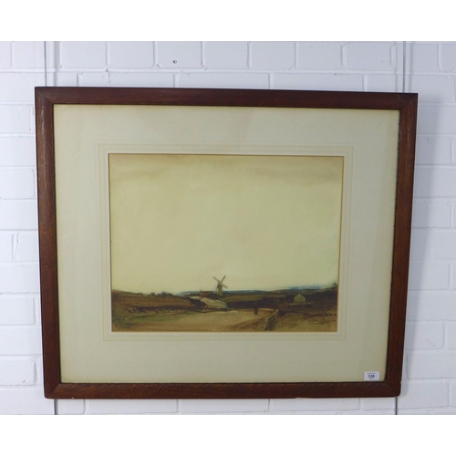 126 - DAVID YOUNG CAMERON (SCOTTISH 1865-1945), a large landscape watercolour with windmill, signed and fr... 