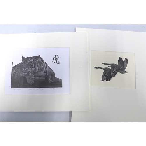 129 - Collection of mounted prints, including some woodblocks, some signed and numbered in pencil all moun... 