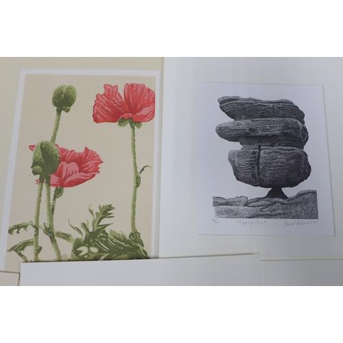 130 - Collection of mounted prints, including some woodblocks, some signed and numbered in pencil, larger ... 