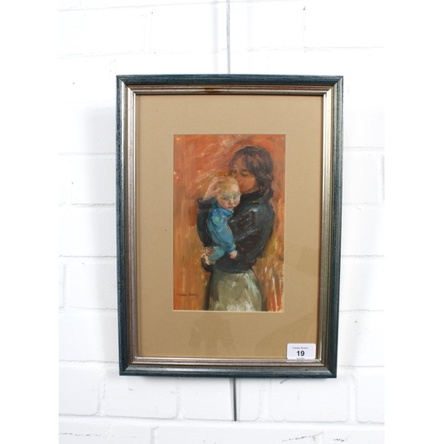 19 - MOIRA BEATY (SCOTTISH 1922-2015), MOTHER AND CHILD, signed oil on card, framed under glass, 14 x 22c... 