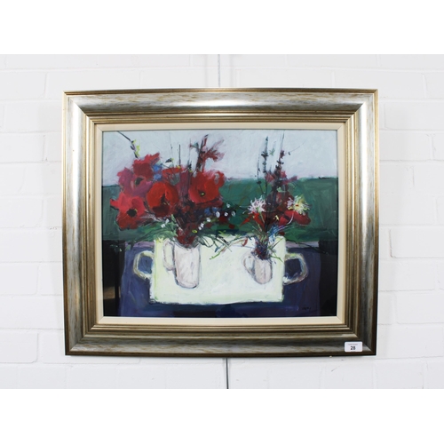 28 - ANDY CROSS, (SCOTTISH b. 1944), THE WHITE TRAY, signed acrylic on canvas, framed under glass, 49 x 3... 