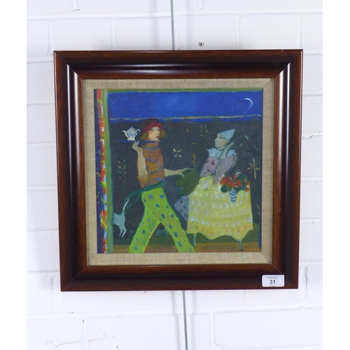 31 - BRENDA LENAGHAN R.S.W. (SCOTTISH 1941-2020), CLOWN BEING SERVED TEA, signed oil on board, framed und... 