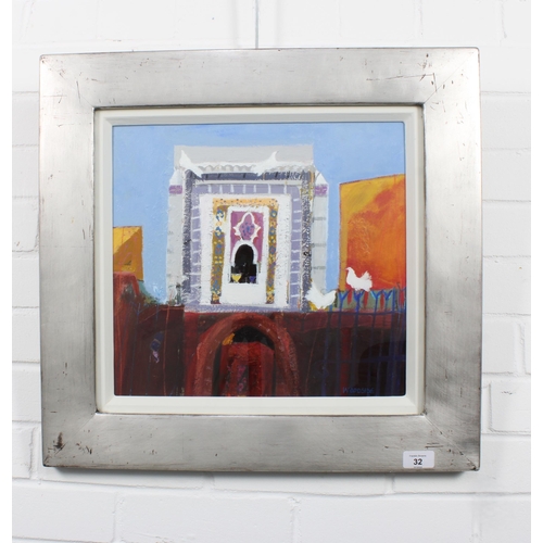 32 - CHRISTINE A WOODSIDE RSW RGI (SCOTTISH b.1946), NICHE MARRAKECH, signed oil on board, framed under g... 