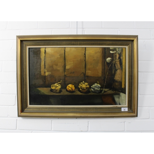 35 - JOE MCINTYRE (SCOTTISH B.1940) STILL LIFE, oil on canvas, signed and dated 74, framed, 59 x 35cm