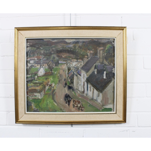 42 - DAVID MACBETH SUTHERLAND R.S.A. (SCOTTISH 1883-1974), COWS DOWN THE STREET, oil on board, framed und... 