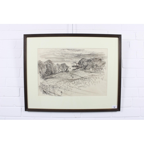 44 - DAVID MACBETH SUTHERLAND R.S.A. (SCOTTISH 1883-1974), WESTER ROSS - HARVEST TIME, pen & wash, framed... 