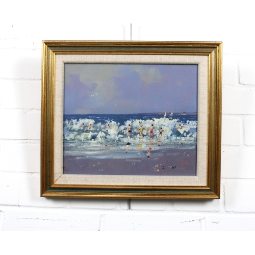 5 - JAMES ORR (SCOTTISH 1931 - 2019), FIGURES IN THE SURF,  oil on board, framed, 30 x 25cm.  Labelled v... 