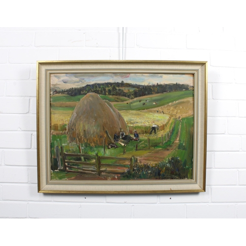 58 - DAVID MACBETH SUTHERLAND R.S.A. (SCOTTISH 1883-1974), HARVEST TIME, ABERDEENSHIRE, oil on board, sig... 