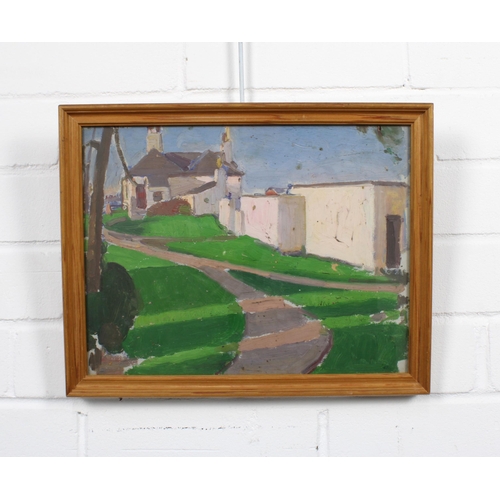 60 - DAVID MACBETH SUTHERLAND R.S.A. (SCOTTISH 1883-1974), HOUSE & LANE, oil on board, apparently unsigne... 