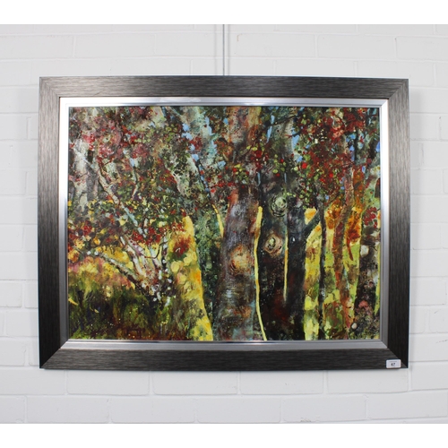 67 - IONA LEISHMAN (SCOTTISH CONTEMPORARY), ROWAN TREES, signed oil on board, framed and inscribed verso,... 