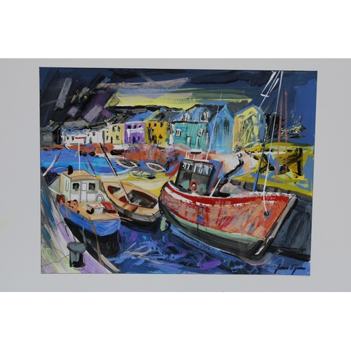 87 - JAMES THOMSON GUNN (Scottish 1932 - 2009), four mixed media landscape nand harbour scenes, mounted b... 