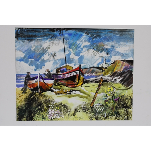 87 - JAMES THOMSON GUNN (Scottish 1932 - 2009), four mixed media landscape nand harbour scenes, mounted b... 