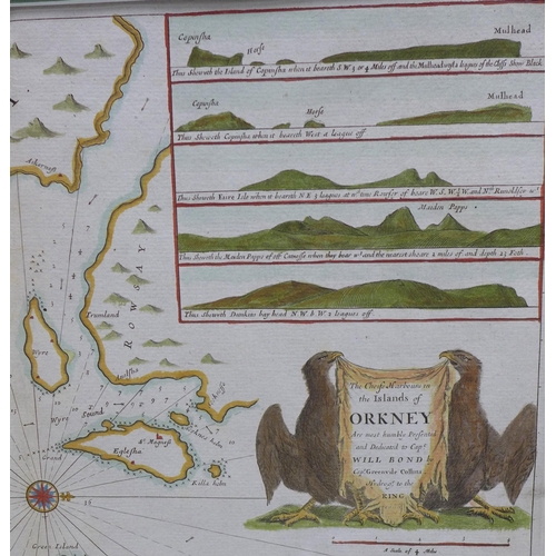 133 - The chiefe harbours in the islands of Orkney. c.1700, hand coloured map, approx 46 X 58CM, overall p... 