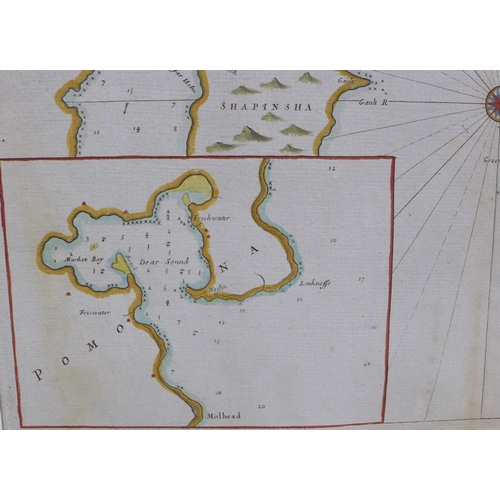 133 - The chiefe harbours in the islands of Orkney. c.1700, hand coloured map, approx 46 X 58CM, overall p... 