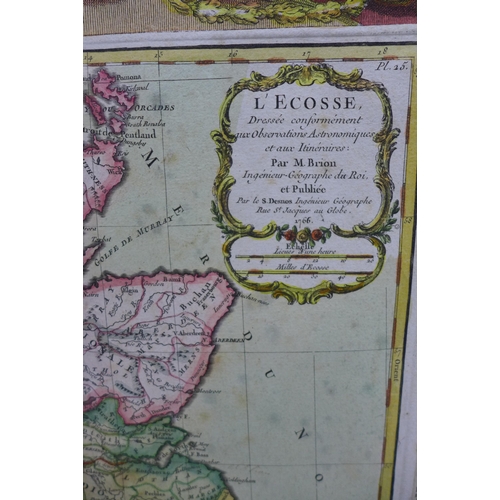 138 - L' Ecosse, Brion de la Tour (Louis), hand coloured map of Scotland flanked by text, two pages, unfra... 