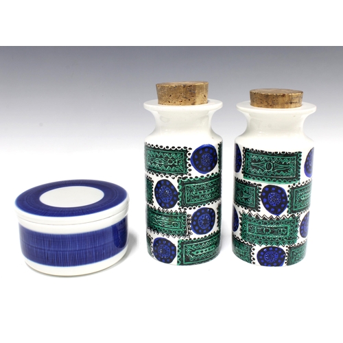 103 - Two Portmeirion 'Talisman' jars with cork stoppers, 20cm, together with a Swedish Koka jar with cove... 