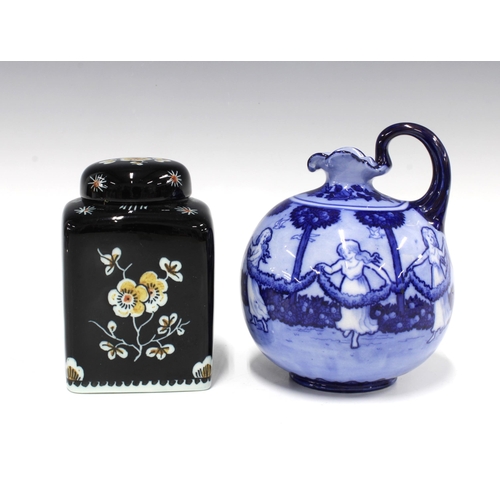 104 - Delft black floral jar with cover, 12cm, together with Doulton Burslem Morrisian blue & white jug (2... 