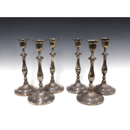 114 - A set of six silver plated candlesticks, 30cm (6)