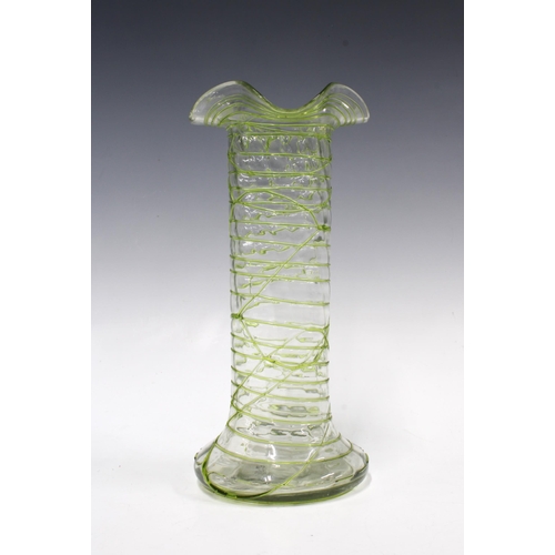 116 - Early 20th century Loetz style art glass vase with wavy rim and applied green trailing to the body, ... 